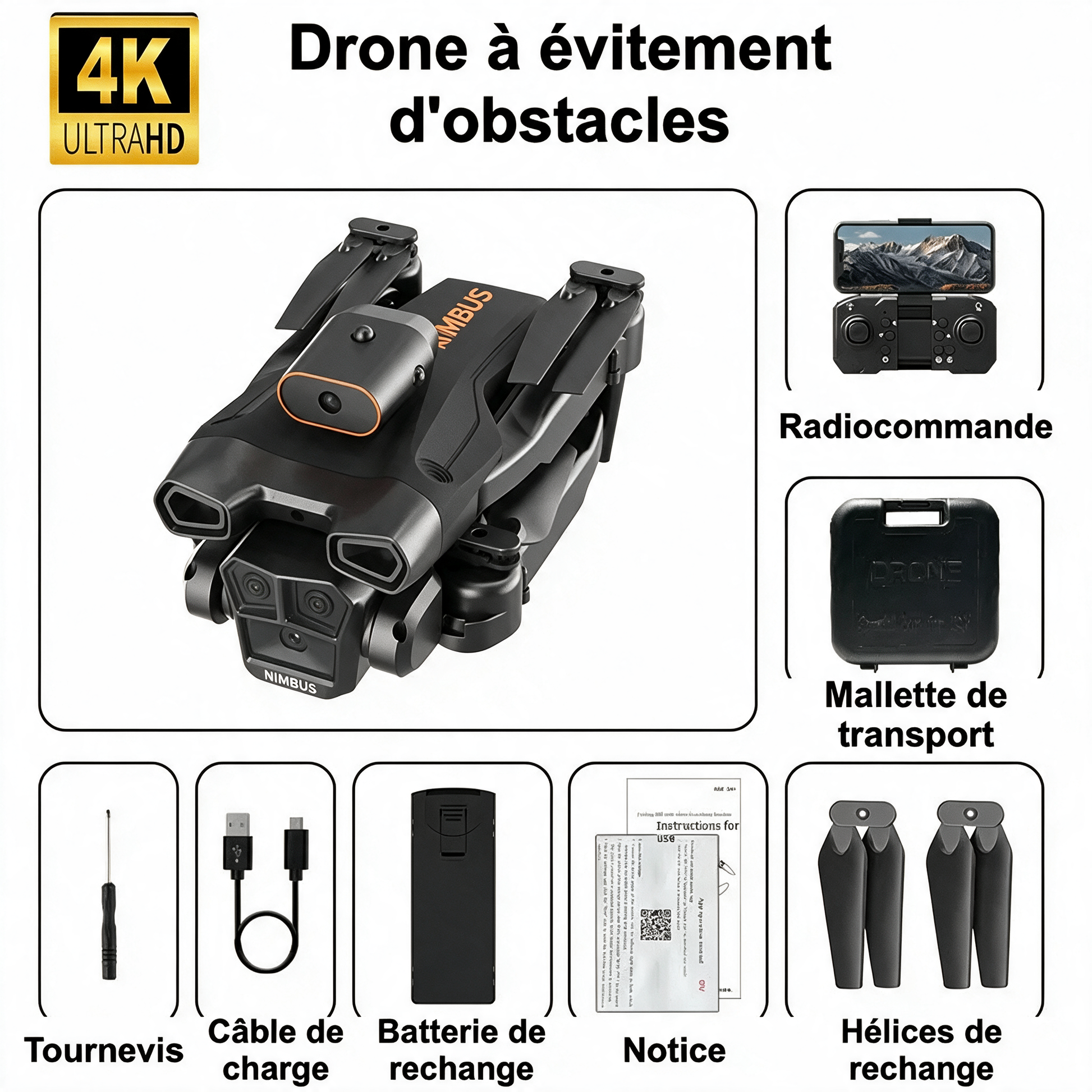 Contenu de la boîte : drone noir, radiocommande, mallette, batterie, hélices de rechange, tournevis, câble
