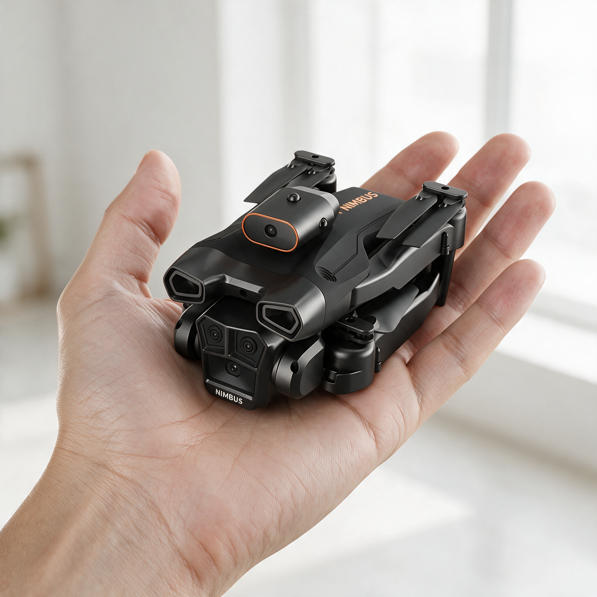 Le drone NIMBUS plié tient dans la paume de la main
