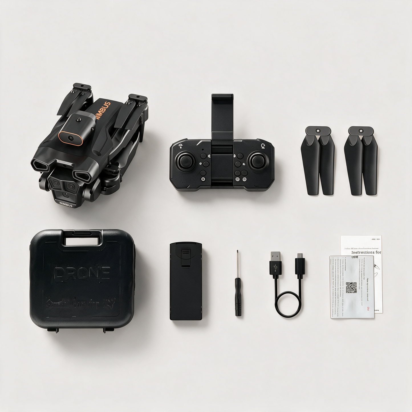 Tout le kit NIMBUS : drone, radiocommande, mallette, batterie, hélices, accessoires