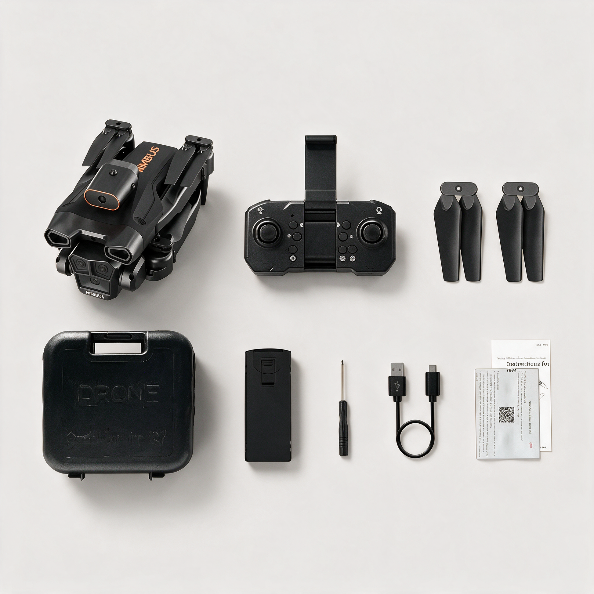 Tout le kit NIMBUS : drone, radiocommande, mallette, batterie, hélices, accessoires