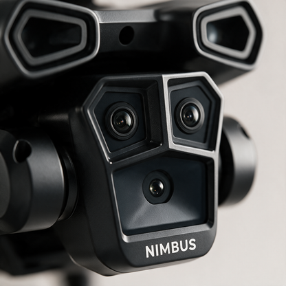 Gros plan sur le triple objectif 4K du drone NIMBUS