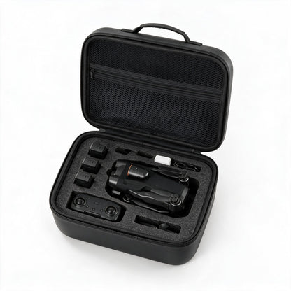 Interieur du sac noir : drone NIMBUS plie, radiocommande, batteries et chargeur